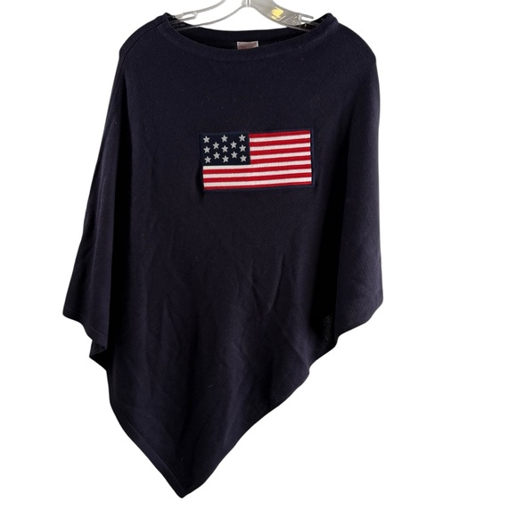 TOP IT OFF Navy Cotton Blend Poncho with American Flag Patch - Picture 1 of 2